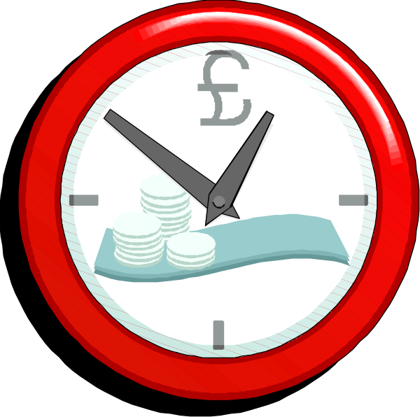 The clock shows a time of approximately ten minutes past three o'clock with an icon depicting money on top right side indicating financial theme; it is set against red background within white border frame.