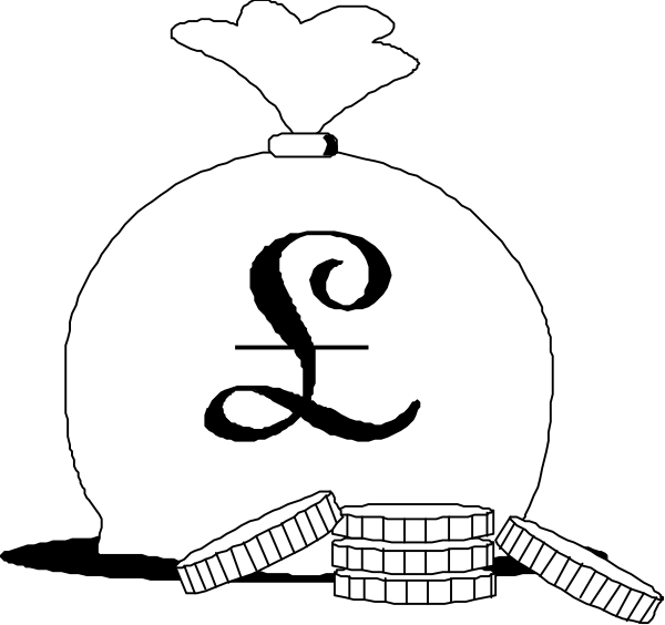 The black and white illustration shows a stylized depiction of an iconic symbol for wealth: money bags with coins spilling out from them next to a large coin labeled "£10" in front, all set against a simple background that does not distract attention away from the central theme.