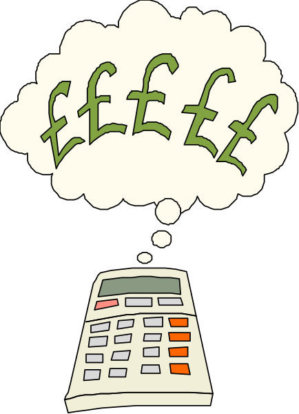 The cartoon shows a calculator with an exclamation mark above it next to a thought bubble containing money symbols (pounds sterling) indicating financial stress or concern about expenses; there is no text in this image, and all elements appear static without any actions taking place.