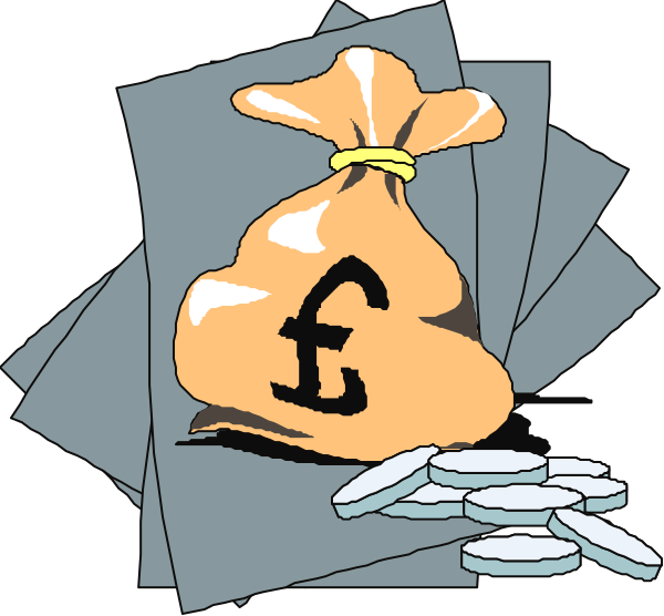 The image shows a cartoon depiction of an envelope filled with money accompanied by several banknotes on top; below it is a pile of pills labeled "£10" each.
