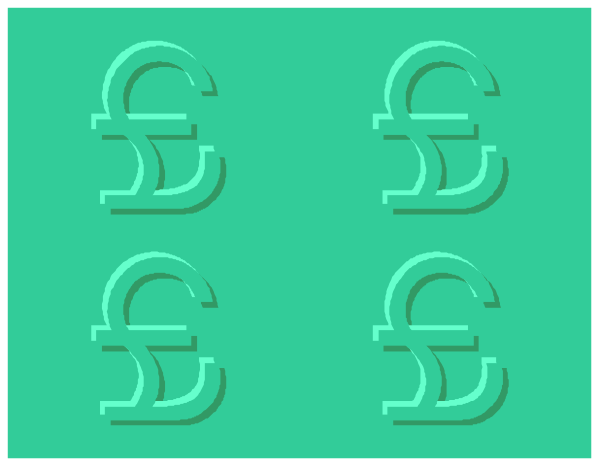 The image shows a green background with nine white symbols that resemble currency signs arranged vertically on what appears to be an electronic device screen.