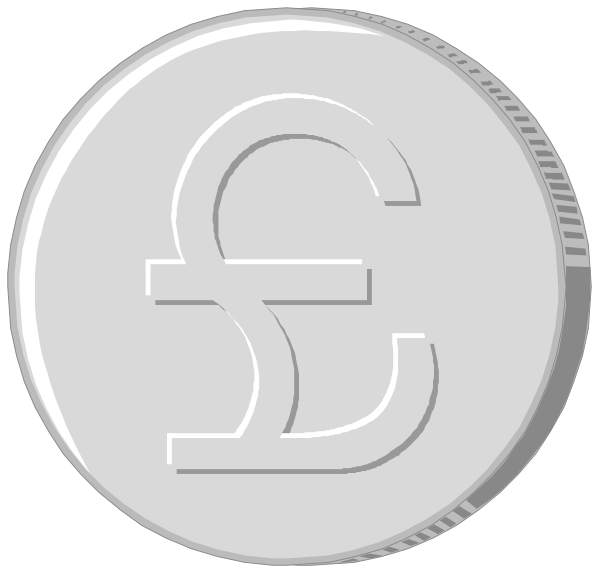 The image shows a silver coin with an embossed pound symbol on it next to another similar looking but smaller version of itself in black and white.
