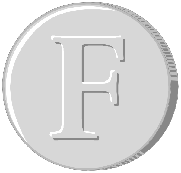 The image shows a silver coin with an embossed letter "F" on it next to another similar-looking coin that has been cut in half diagonally across its center.