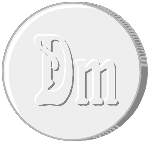 The image shows a silver coin with an embossed letter "D" on it next to another similar-looking coin that has been altered by adding two dots above its lowercase 'm' in black ink, creating a humorous effect as if there were eyes or eyebrows where the letters are.