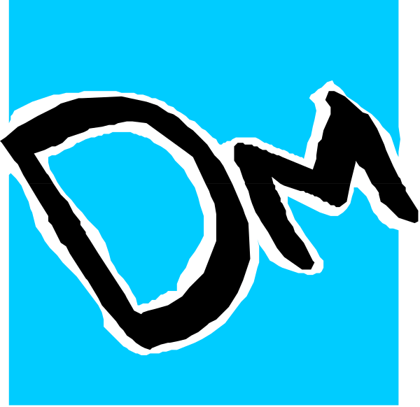 The image shows a blue background with black text that reads "DM" on top of it.