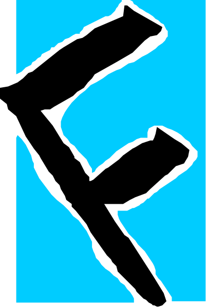 The image shows a blue letter "E" with an abstract design on its right side against a gray background.