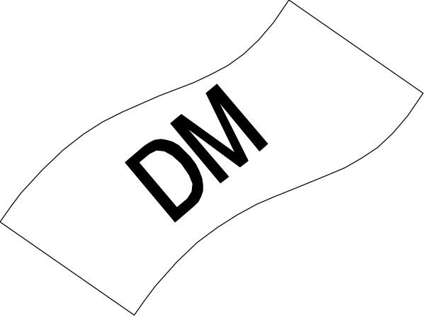 The black and white cartoon shows a piece of paper with text that reads "DM" on it placed next to another strip labeled as DMX512, indicating some sort of technical diagram related to data management in an electronic device context.