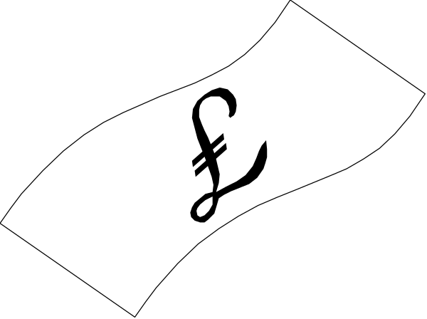 The black and white photo shows a pile of money with two British pounds notes on top; there is also an envelope containing more currency in front of it.