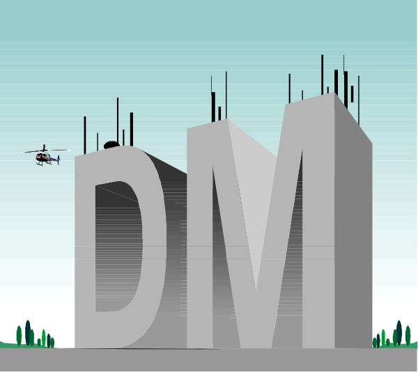 The image shows a digital rendering of an outdoor scene with text that reads "DM" prominently displayed on top of what appears to be a building structure in front of it. There is also smaller text at the bottom right corner, but its content isn't fully visible due to the resolution and angle from which this description was made. The background features various icons or symbols representing different types of data points such as bar graphs, pie charts, and line plots against a sky backdrop with clouds. There is also an airplane flying in front of one icon that resembles a radar