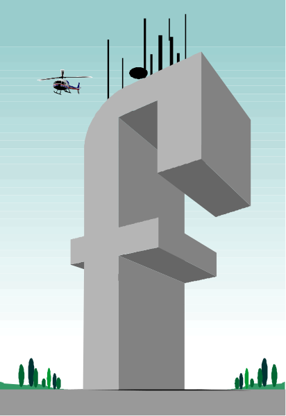 The image shows a pixelated scene with an oversized gray block resembling a letter 'F' on top of another similar block forming a structure that looks like a building. A small airplane is flying above this construction, and there appears to be some sort of antenna or satellite dish atop the larger block labeled "F." The background features what seems to be an outdoor setting with trees in the distance under clear skies.