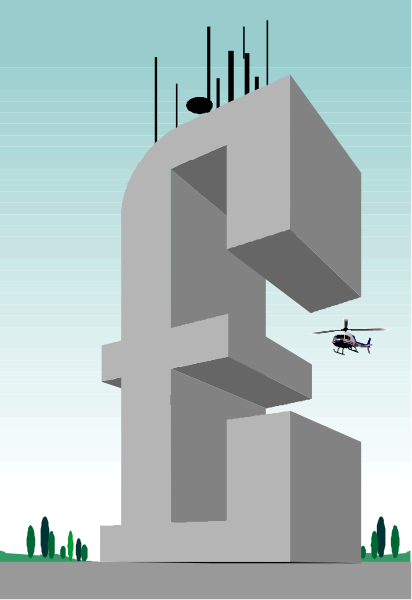 The image shows a gray block structure with an airplane flying above it against a blue sky background.