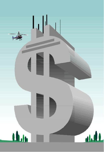 The image shows a large dollar sign with an airplane flying above it against a blue sky background.