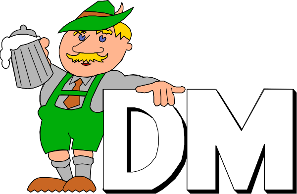 The image features a cartoon depiction of an old man with white hair wearing glasses holding up his finger to point at something off-camera while standing next to text that reads "DM" in large letters on top and smaller ones below, which stands for Dungeon Master or game master from the context.