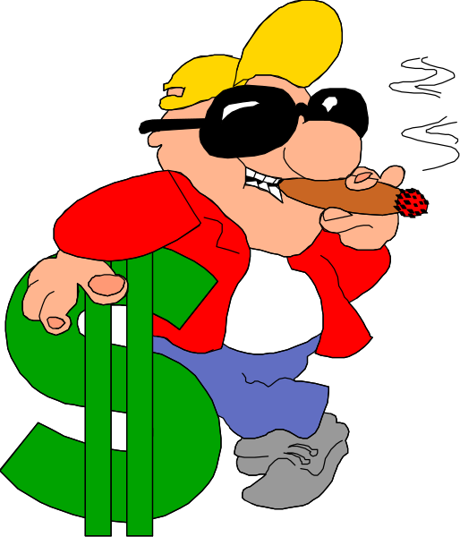 The cartoon depicts a character holding money with sunglasses on his head while smoking cigarettes; he is wearing jeans and has an exaggerated mustache.