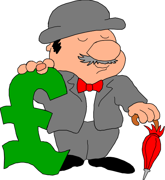 The cartoon depicts a man dressed as Uncle Sam holding up his finger with "£" written on it while standing in front of an umbrella that has "$100" printed on its side, suggesting he is promoting financial services from another country or currency system.
