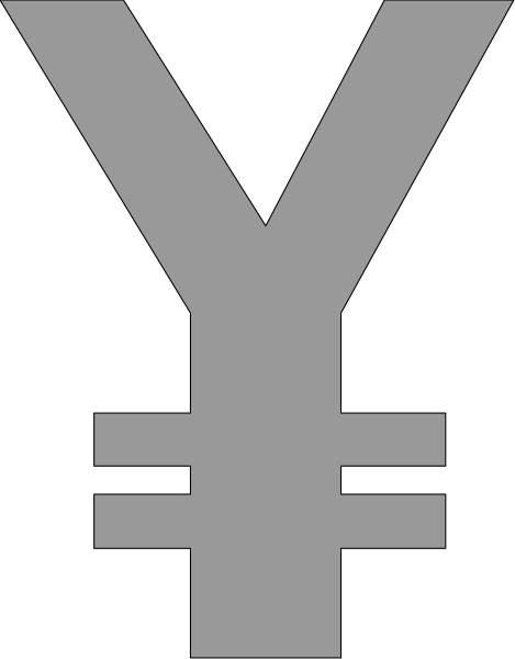 The image shows a logo with two symbols: on top there's an "¥" sign inside what appears to be a shield-like shape, suggesting it might represent currency; below that is another symbol resembling a dollar bill folded in half and then unfolded into three vertical lines of varying lengths.