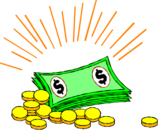 The image shows a cartoon depiction of money falling from an open briefcase onto coins on the ground with rays emanating upwards to suggest wealth accumulation against a dark background.