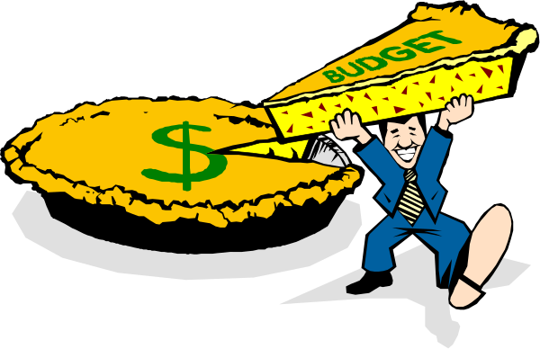 The cartoon shows a man holding an oversized check with "Budget" written on it over two pies labeled "$60 million."