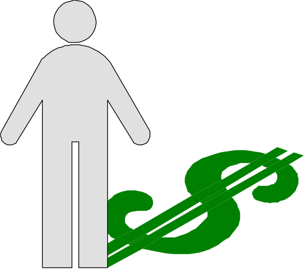 The image shows a black silhouette of two figures: on top left is an icon representing money with dollar signs; below it to its right is another figure that appears to be walking away from the first one, which has been labeled as "money."