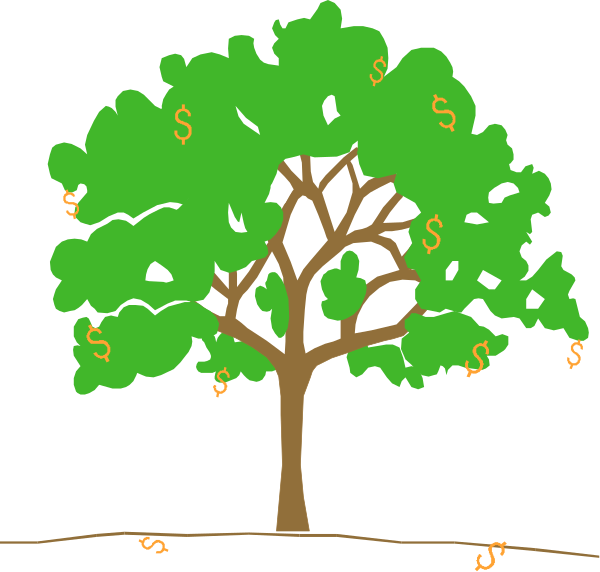 The image shows a stylized tree with money symbols on its branches next to an illustration of what appears to be a dollar bill in front of it.