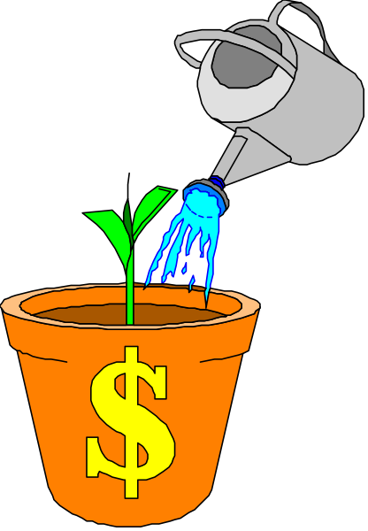 The cartoon shows a watering can pouring money into an orange flower pot with soil that has sprouted two green plants labeled "growth" on it.