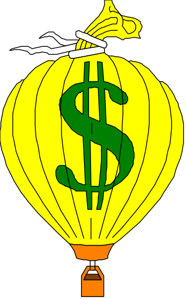 The image shows a cartoon depiction of an inflatable balloon with money signs on it tied to what appears to be a hot air balloon basket containing a dollar sign symbolizing wealth; there is also a small, stylized figure resembling a person in front of the balloons.