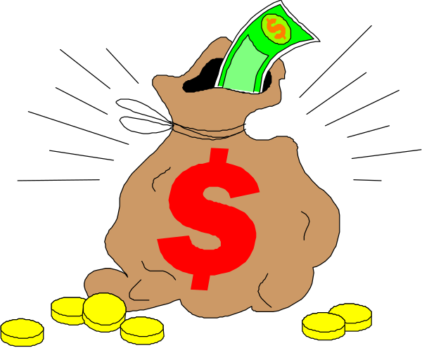 The cartoon shows a brown bag filled with money being held by an unseen hand over another pile of coins on top of which is placed a dollar bill.