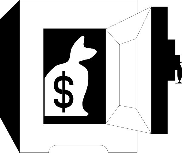 The image shows a black and white illustration of an open briefcase with money inside it next to a rabbit's head symbolizing cryptocurrency exchange rates.