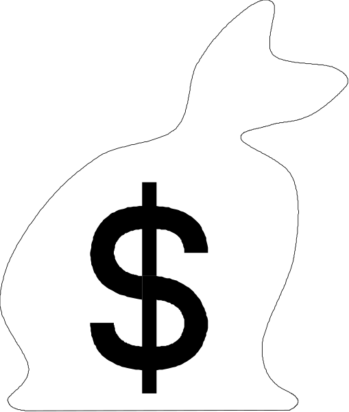 The image shows a black silhouette of an animal that resembles a cat with its head turned to look at something on the right side; next to it is a white dollar sign symbolizing money.
