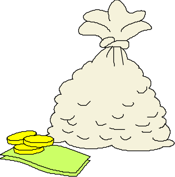The first panel shows a bag of money with an open top next to coins on a table; the second panel displays two bags filled with cash sitting side by side in front of each other against a black background.