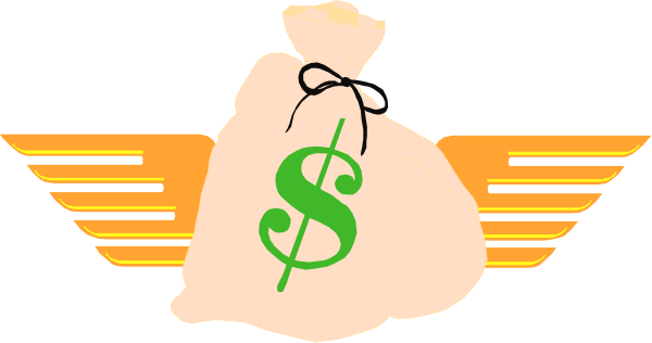 The image shows a bag of money with dollar signs on it next to an airplane wing symbolizing travel.