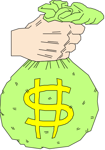 The illustration shows a hand holding an envelope with money inside it overlaid on top of another bag filled with more cash.