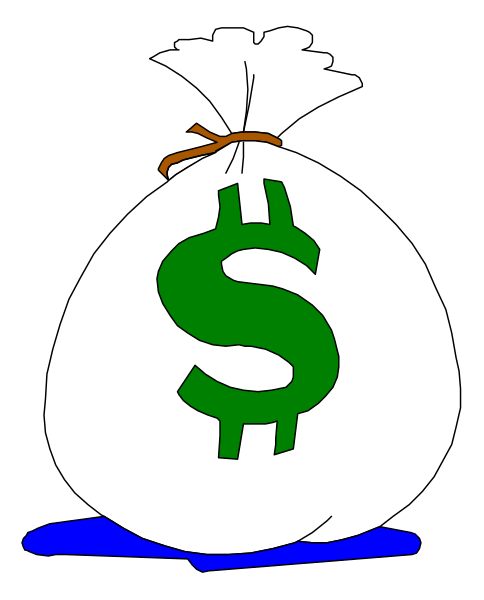 The image shows a cartoon depiction of an overflowing bag filled with money labeled "$10K" being poured into another large sack that is marked "Fundraiser."