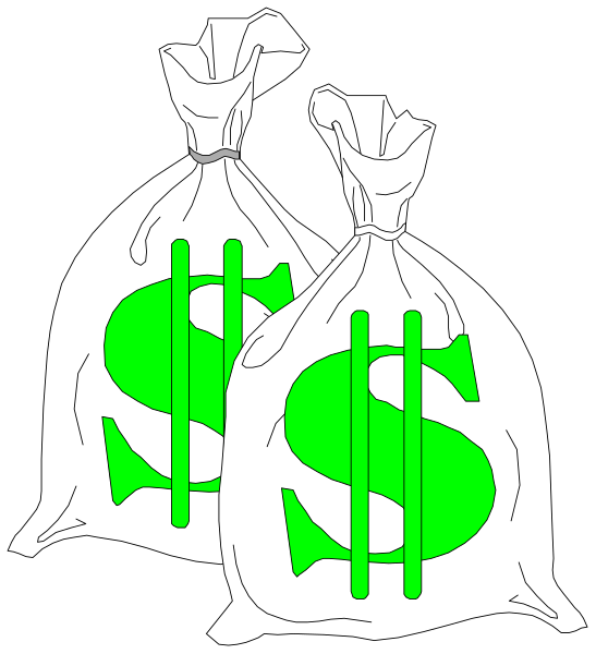 The image shows two bags of money with a dollar sign on each bag against a black background.