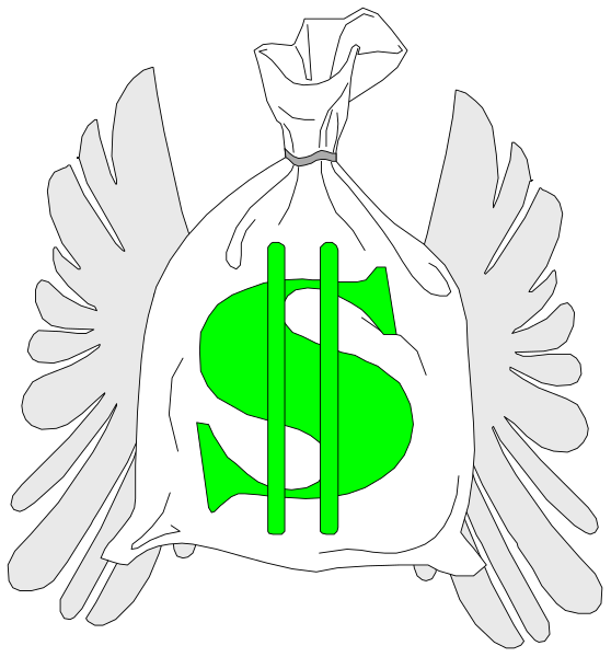 The image shows a white bag with money inside it hanging from an angel's wing symbolizing wealth or financial success.