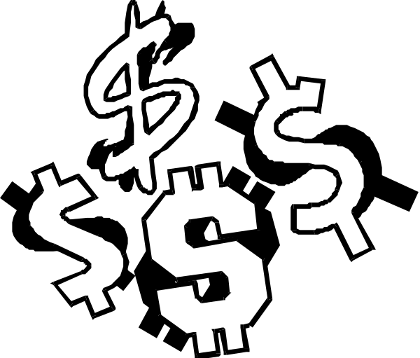 The image shows a black background with white currency symbols including dollar signs ($), euros (€) and pounds sterling (£).