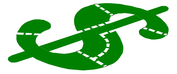 The image shows a green dollar sign with two crossed lines through it on top of what appears to be an abstract background that could represent money bills in various denominations around its perimeter.