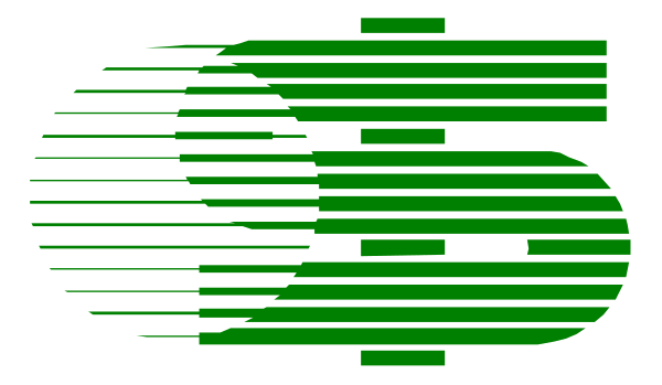 The image shows a logo with green stripes on either side of an abstract design that resembles money notes; it is set against a dark background.