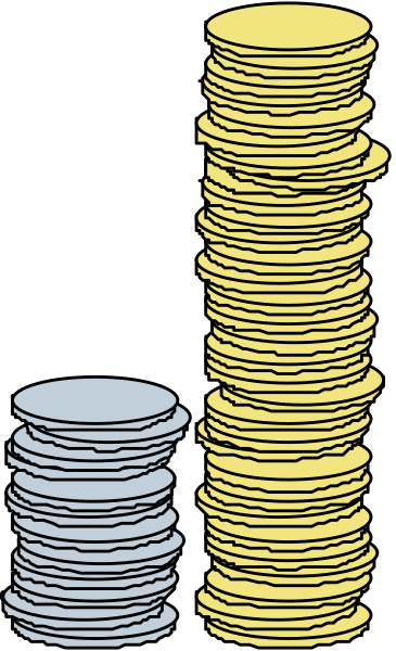 The image shows a pile of gold coins on top of another stack that appears to be silver pancakes with syrup drizzled over them in front of two stacks of white plates labeled "gold" and "silver."
