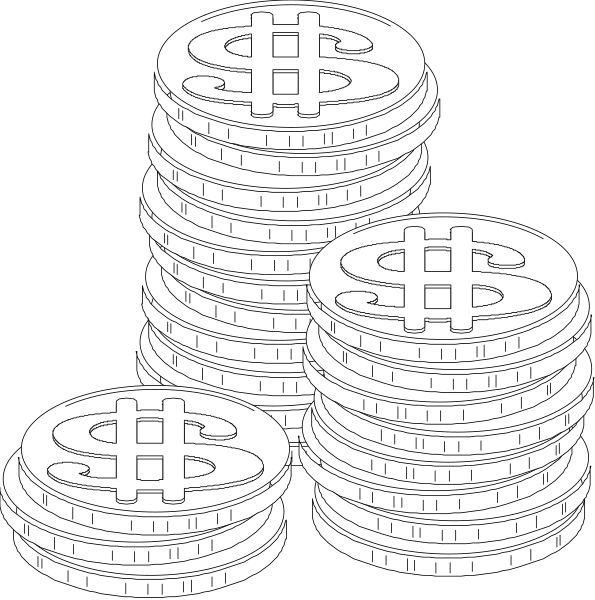 The black and white illustration shows two stacks of money with a dollar sign on each coin; it is set against a plain background without any additional context provided in this image alone.