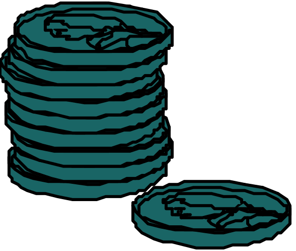 The image shows a stack of three coins on top of each other with two stacks of five smaller coins beneath them against a black background.