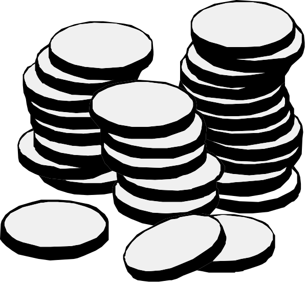 The black and white illustration shows a pile of coins with various denominations on top of each other against a dark background.