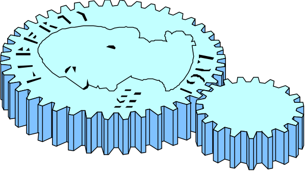 The image shows a black and white illustration of two gears with teeth on them placed next to each other against a dark background.