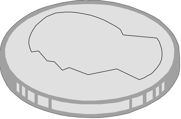 The image shows a coin with an oval shape on it next to another round object that appears similar but is partially obscured by what looks like a map of Europe in white outline form against a dark background.