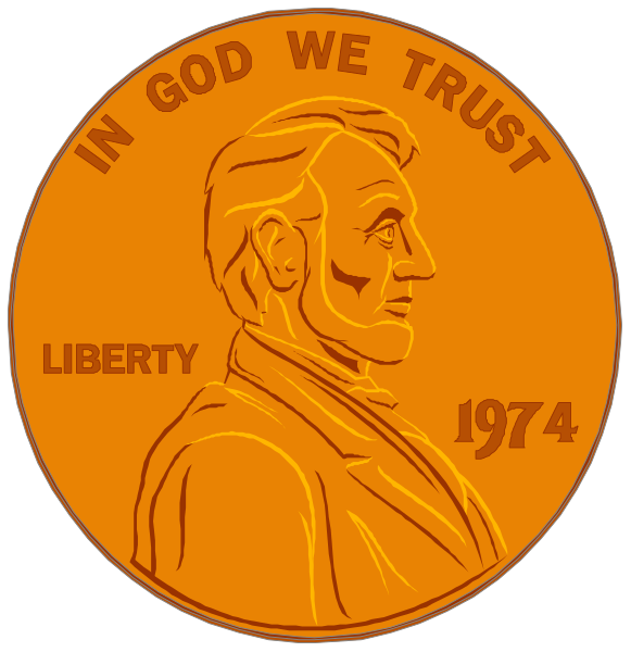 The image shows two pennies with a portrait of Abraham Lincoln on them; each penny has different text around it: "In God We Trust" is inscribed above his head on one coin while "Liberty 1974" appears below him, and there's an additional phrase that says "God we trust." The background behind the pennies features a black silhouette of Lincoln. There are two images side by side with different texts around them; they appear to be digitally altered or edited versions of each other.