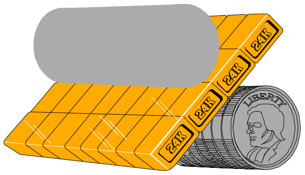 The illustration shows a roll of currency with an American flag design on it next to two stacks of coins labeled "10" each; there is also one coin in front that says "$24."