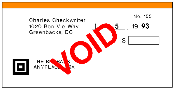 The image shows a check written by Charles Checkwrtter from 102 Bon Vie Way DC to someone named "The Brakeman" for $943 at an address in Greenbacks, with void stamped across it and signed off on top right corner of the paper. It is placed inside what appears to be a ticket booth or window frame. The background has gray tones.