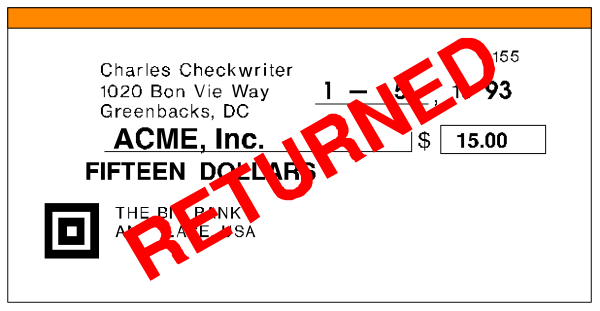 The image shows a ticket with text that reads "Charles Checkwrtier" at top left corner followed by an address in New York City; below this is another line of text reading "ACEME LLC." There's also some illegible writing beneath it, and to the right side there are two lines: one says "$15.00," indicating a cost or price for something, and the other reads "RETURNED" with an arrow pointing downwards towards the bottom left corner of the ticket where another line states "Fifteen Dollars." The image has been