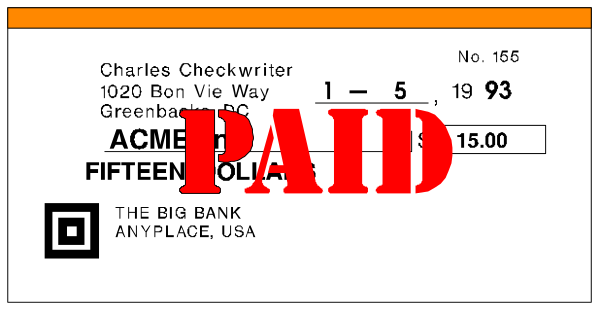 The image shows a ticket with handwritten text on it that reads "ACME" at top left corner of paper, followed by an address in black ink; below this is another line of numbers 1694578320 and then there's more information including the word 'paid', indicating some form of payment or transaction. The ticket has a barcode on it with red lines running through its center horizontally, suggesting that something may be wrong with the scanning process for this particular item.