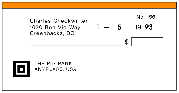 The image shows a check written by Charles Checkwrtter from 102 Bon Vie Way to Greenbacks DC for $593 in an envelope with "The Big Bank" printed on it, placed inside another larger orange and white striped envelope that has been stamped at the post office. There is also a QR code visible next to Charles' name indicating he was born 1/20/48. The check appears to be for some sort of service or transaction related to "The Big Bank."